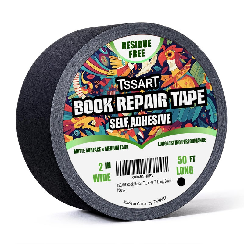 TSSART Book Repair Tape - Self Adhesive Matte Book Binding Tape for Reinforcing Protecting, and Covering Mending Books Old Books - 2 Inch Wide x 50 FT Long, Black - Image 1